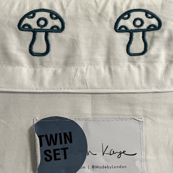 London Kaye Twin Sheet Set Green Mushroom Embroidered White Cotton 70s Retro - Picture 7 of 8